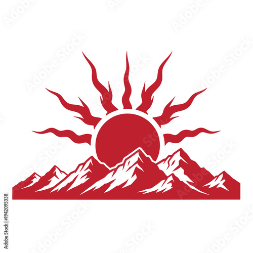 red sun rising over snow capped mountains in a graphic illustration