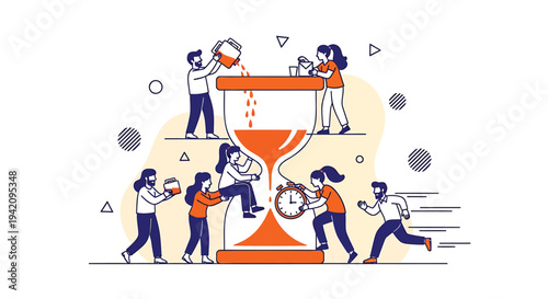Vector illustration of people working around an hourglass