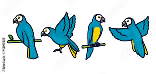 Set of cute blue parrots mascot designs.
