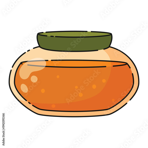 Cartoon round honey jar with lid, honey orange natural sweet taste. Beekeeping. Vector cartoon illustration isolated on white background