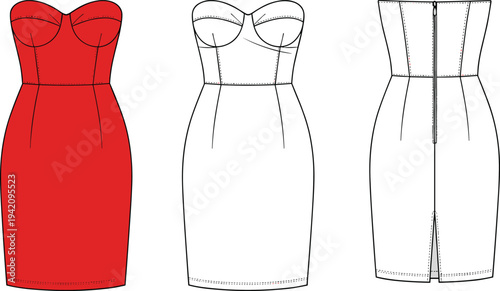 Red Strapless Sweetheart Neck Bodycon Mini Dress Fashion Flat Sketch, Sleeveless Corset Bustier Party Outfit Vector CAD Drawing for Tech Pack