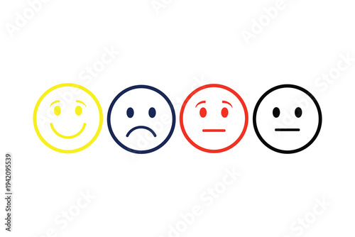 Four colorful emoticon faces expressing different emotions on white background, smiling, sad, angry, and neutral, for communication and mood representation.