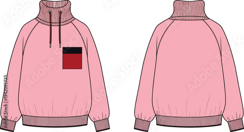Women pink high neck raglan sweatshirt technical sketch, drawstring fleece jumper with contrast pocket template, cad drawing flat vector illustration