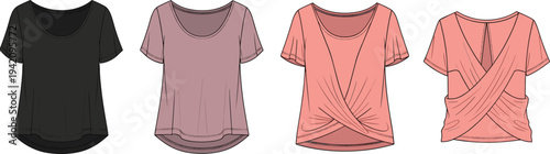 Women scoop neck short sleeve twist front t shirt technical sketch, activewear tee set, cad drawing flat vector illustration for fashion