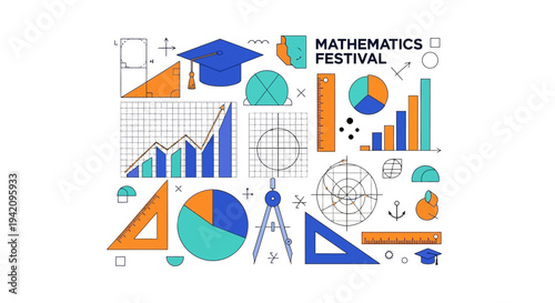 Colorful illustration of various mathematical symbols and graphs for a Mathematics Festival, featuring shapes and icons in a vibrant design