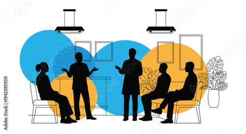 Vector illustration of 5 people in office setting with colorful circles