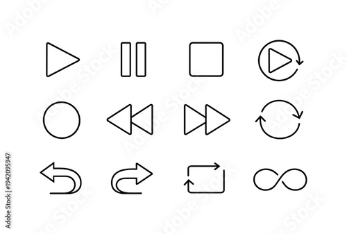 Collection of simple line art icons for media playback and navigation controls