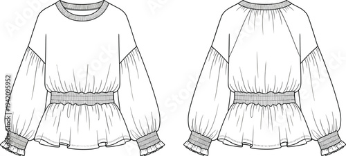 Women crew neck raglan sleeve smocked waist peplum top technical sketch, puff sleeve gathered blouse template, cad drawing flat vector illustration