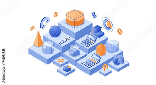 Isometric illustration of a colorful math day celebration with various educational symbols and icons arranged in a creative template design on a clean white background