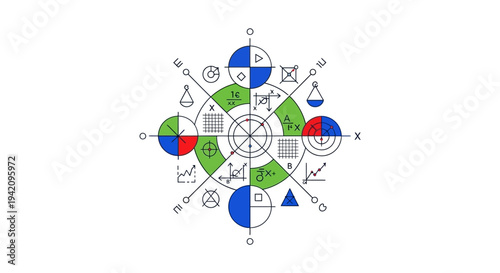 Colorful math symbols and shapes arranged in a circular pattern for Pi Day or Math Day celebration on a white background