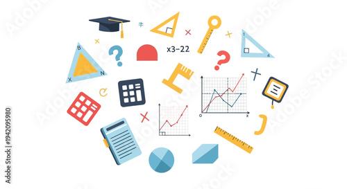 Colorful illustration of various math symbols and objects arranged in a circular pattern on a white background for Math Day celebration and education
