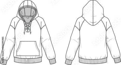 Women lace up hoodie raglan sleeve sweatshirt technical sketch, hooded fleece jumper with pocket template, cad drawing flat vector illustration
