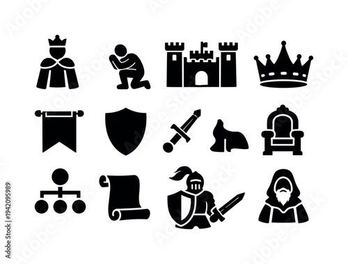 Medieval royalty and symbols icons collection, black silhouette on white background