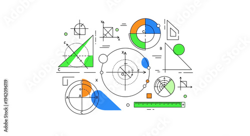 Colorful illustration of mathematical shapes and symbols for Math Day celebration in education, featuring geometric designs