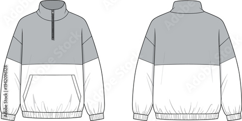 Oversized Half Zip Windbreaker Fashion Technical Sketch, Color Block Pullover Jacket, Front Back View, CAD Drawing Flat Vector Illustration, Sportswear