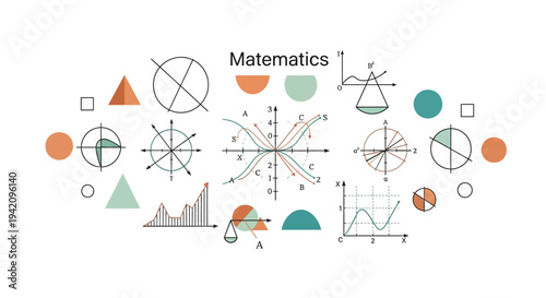Colorful math symbols and shapes arranged in a circular pattern on a white background for a Math Day celebration