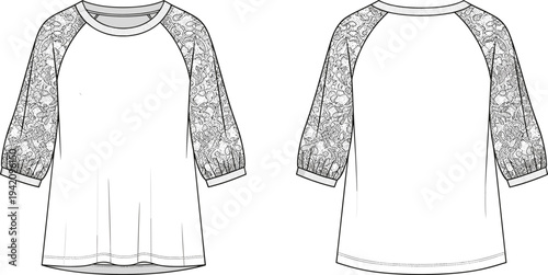Women's Raglan Sleeve Top with Lace Detail Technical CAD Drawing Flat Vector Illustration for Fashion Design Mockup and Garment Manufacturing