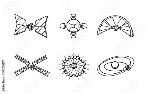 Orbital Structure Icons. Line style icons of reflective orbital structures: mirror wing plate, attitude-control node,