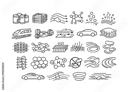 Line vector icons of clean transport using fuel cells: hydrogen modules, fuel-cell grids, airflow arcs, reaction stems, vapor