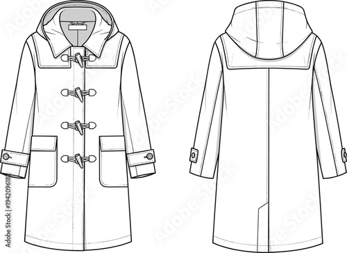 Classic Duffle Coat Fashion Technical Sketch, Long Hooded Jacket with Toggle Fastening and Pocket Detail, CAD Drawing Flat Vector Illustration