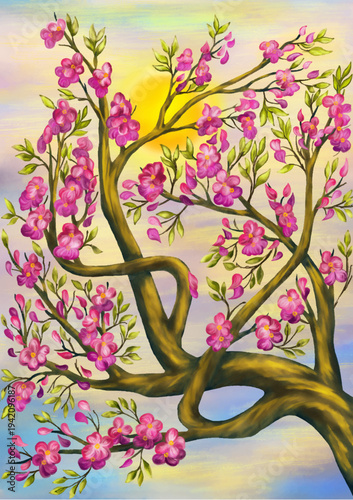Blooming sakura branch against a bright sun and pastel sky. Digital painting with vibrant pink flowers and expressive brushstrokes. Oriental spring nature illustration.