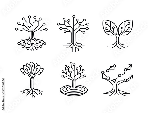 Line style icons of data-rooted knowledge trees: data root cluster, branching logic trunk, semantic leaf pair, concept bloom node