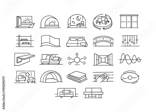 Line style icons of room adapting to time cycles: morning expansion tile, evening shift arc, night-conceal panel node, rotating