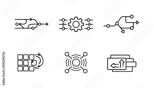 Line style icons of continuous-learning chips: data-flow channel, adjustment kernel, adaptive routing line, evolving matrix block