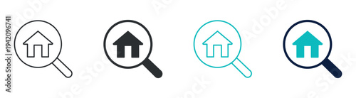 Find home search house icon in outline and solid silhouette style. Vector illustration.