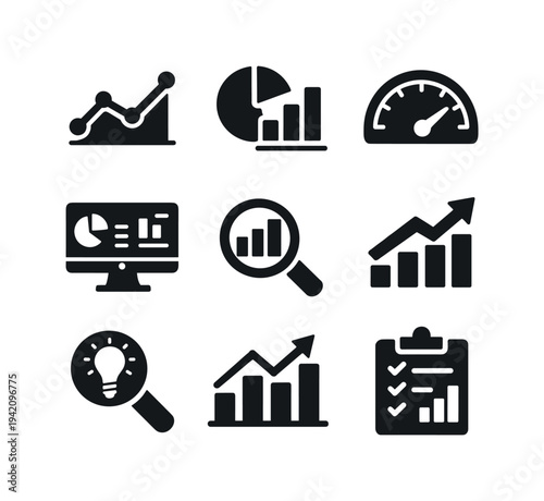 Solid vector icons of usage analytics activity: graph, chart, metric, indicator, trendline, dashboard, insight, analysis, growth,