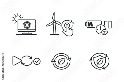 Line style icons of renewable-dependent operations: compute-on-sunlight icon, wind-activated trigger, auto-pause under low energy