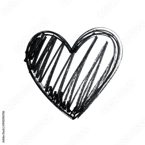 Black and white heart shape with diagonal lines and rough texture isolated on a transparent background