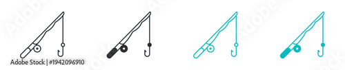 Fishing rod with hook tackle icon in outline and solid silhouette style. Vector illustration.