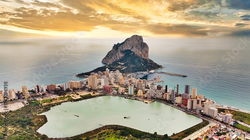 Calpe aerial view with Penon de Ifach and marina at sunset, Costa Blanca, Alicante, Spain