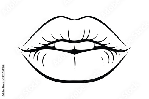 A detailed illustration of a woman's lips with closed mouth and eyelids, black lines on white background, simple graphic design element.