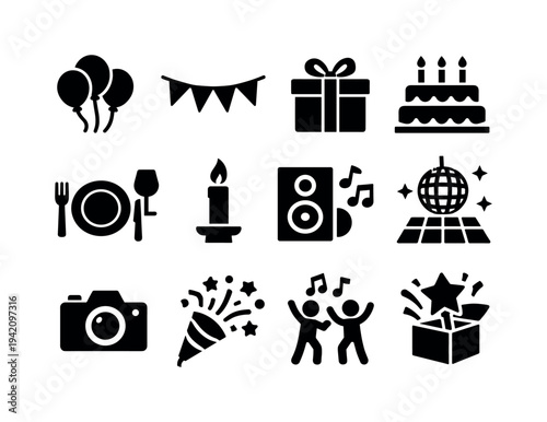 Solid vector icons of party event preparation: balloons, banner, gift, cake, tableSetting, candle, musicSpeaker, dancefloor,