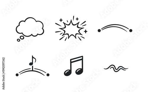 Line vector icons of a thought transforming into a musical note (creative conversion): idea cloud, dynamic burst, linking arc,