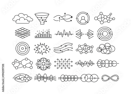 Line vector icons of mapping culture from engagement signals: aggregated like clouds, repost-stream funnels, sentiment-drift