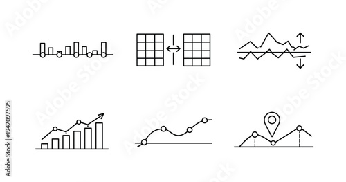 Analytic Features Icons. Line style icons of analytic features: timeline bar, pattern comparison grid, deviation tracker,