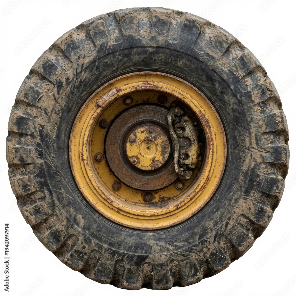 Obraz premium Detailed view of a muddy, heavy-duty vehicle tire with a rusty yellow rim and visible brake caliper, isolated on white. Rugged tread and weathered metal. Industrial, construction.
