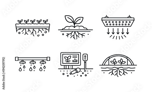 Underground Horticulture Icons. Line style vector icons of underground horticulture: farm-bed motif, sprouting-plant outline,