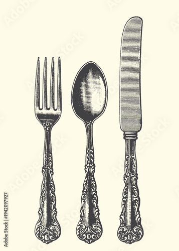 Classic engraved silverware vector illustration showcasing an elegant fork, spoon, and knife with ornate handles, perfect for vintage kitchen and dining graphic design.