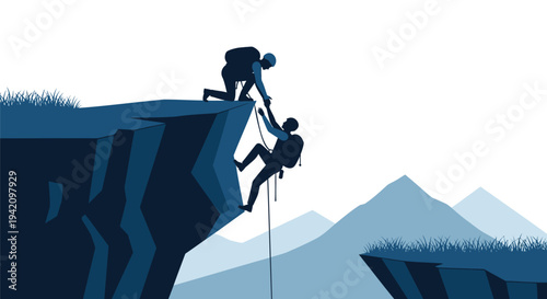 Vector illustration of two people on cliff edge with rope
