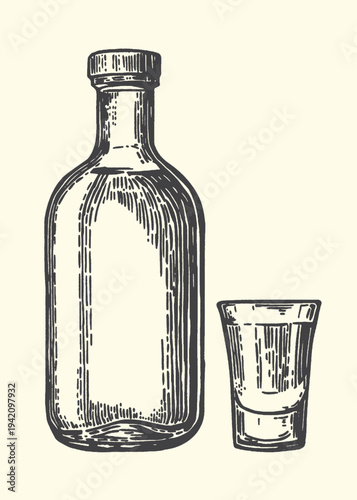 Engraved style vector illustration featuring a clear liquor bottle alongside a small glass perfect for spirits or shots