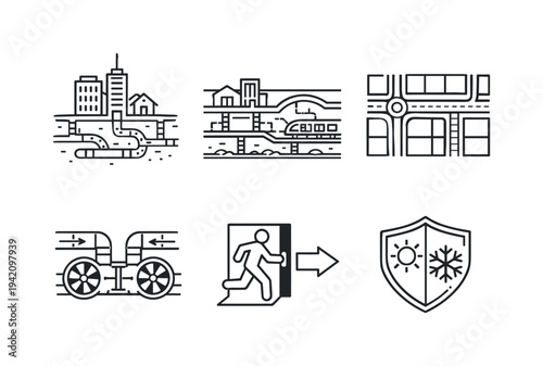 Line style vector icons of underground metropolitan district: city-block outline, subterranean-structure motif, street-layout