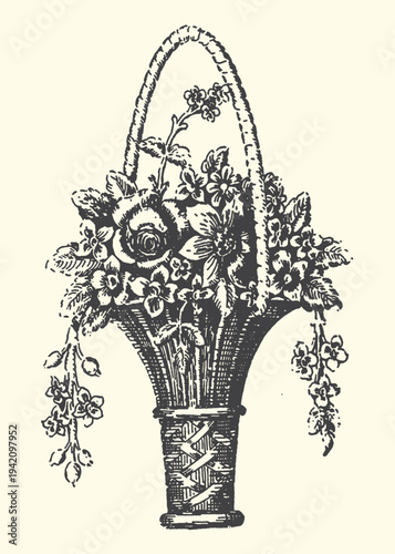 Antique engraved vector illustration depicting a richly detailed woven flower basket overflowing with mixed blossoms and trailing delicate floral accents