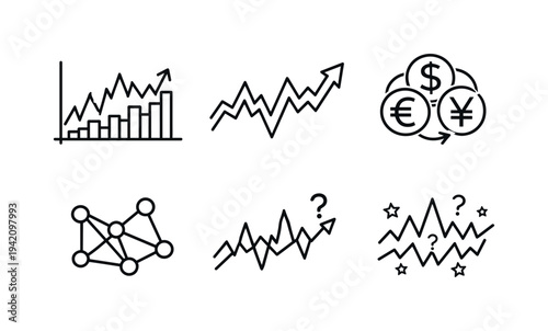 Line style vector icons of economic unpredictability: stock-chart outline, fluctuating-arrow motif, currency-symbol icon, network