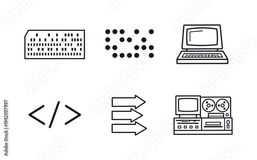 Line style vector icons of punched card data entry: punched-card motif, perforation-pattern icon, console-outline symbol,