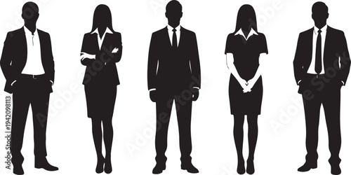 Five business people silhouettes standing in a row for corporate leadership team and professional success concept isolated