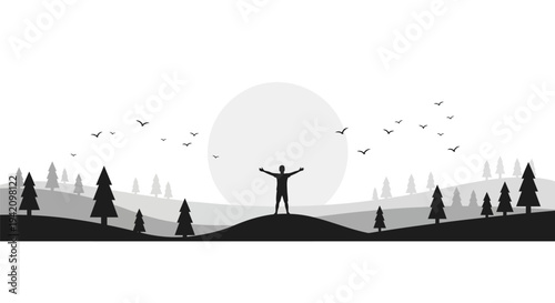 Vector silhouette of person standing on hill with arms outstretched at sunset